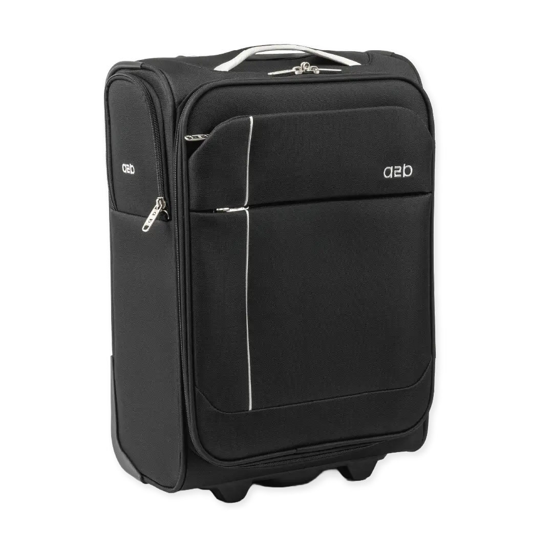 Black suitcase with branding on a white background