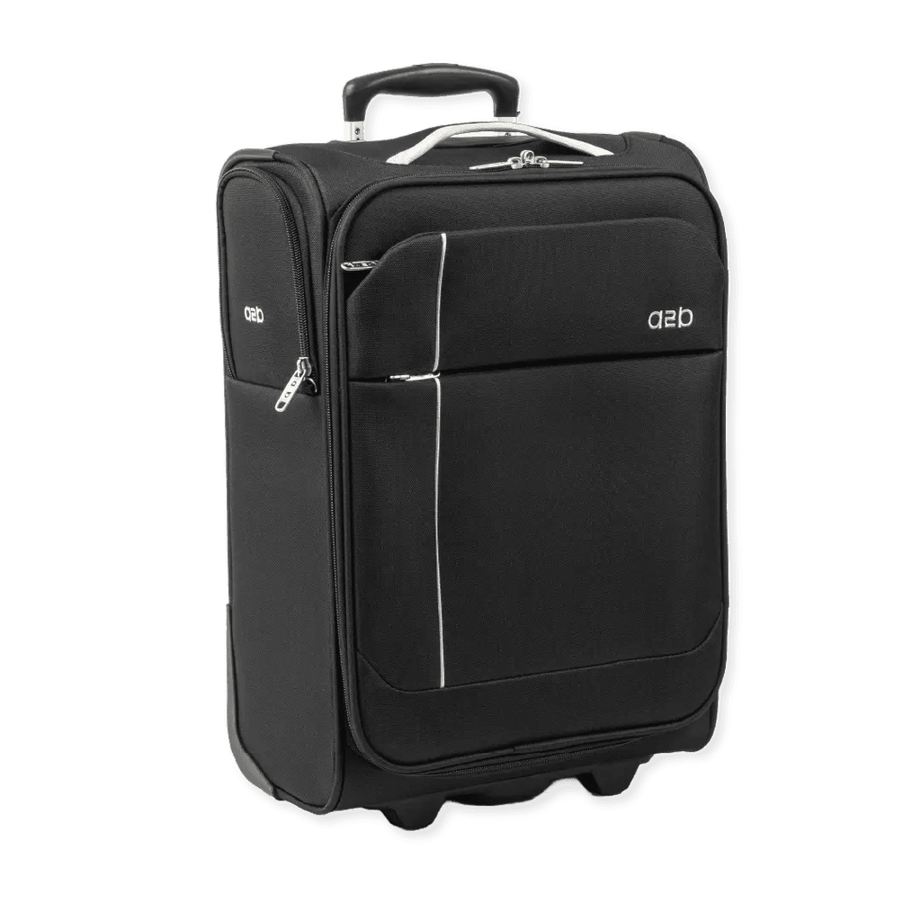 Black suitcase with a visible brand logo on a white background