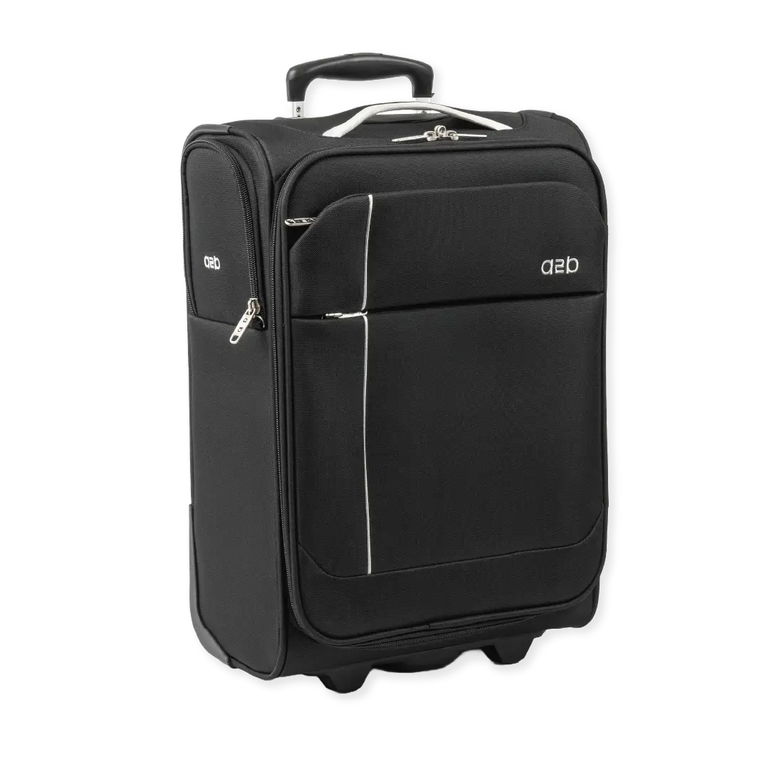 Black suitcase with a visible brand logo on a white background