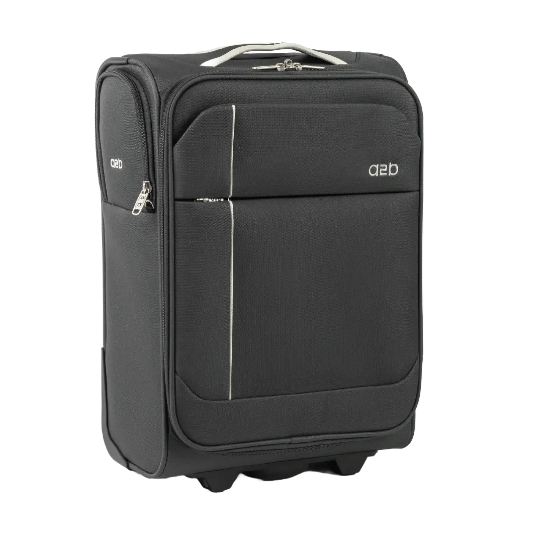 Black suitcase with a visible brand logo on a white background
