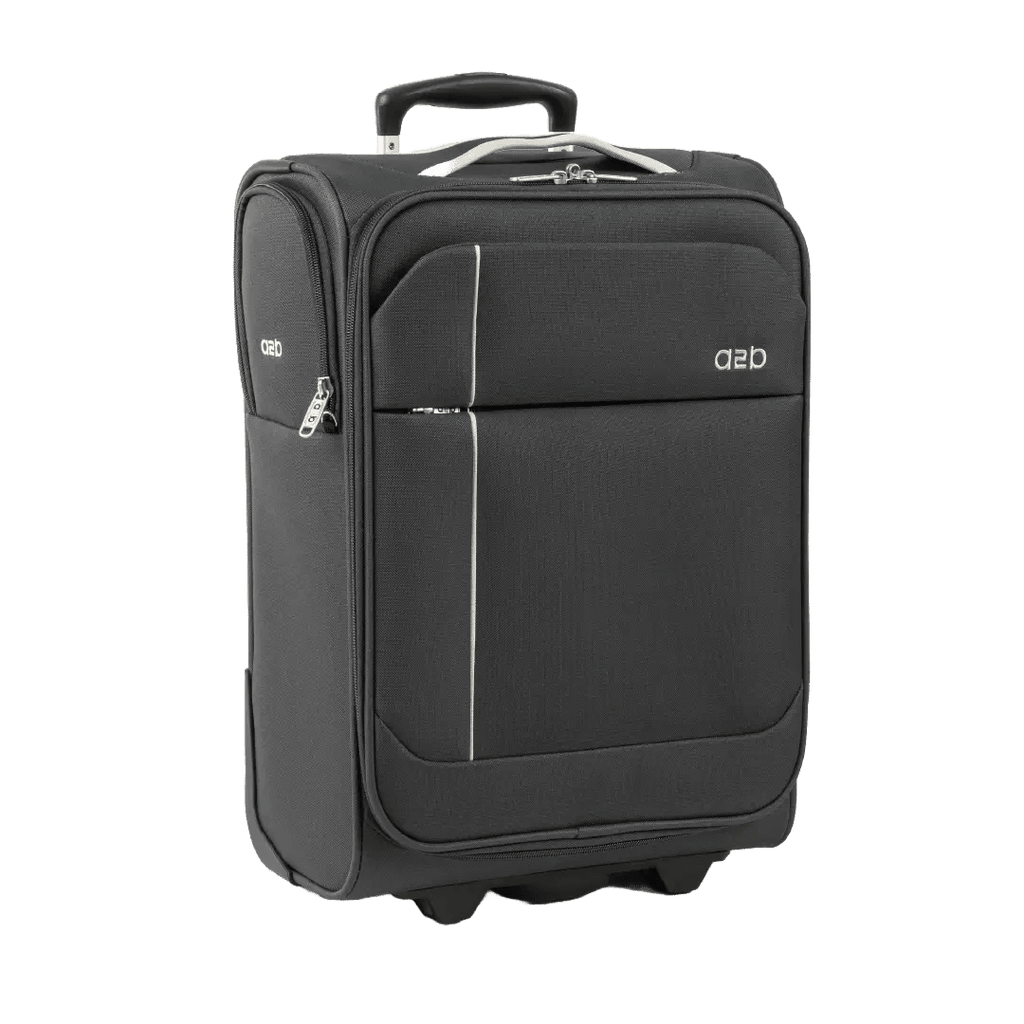 Black suitcase with a visible brand logo on a white background
