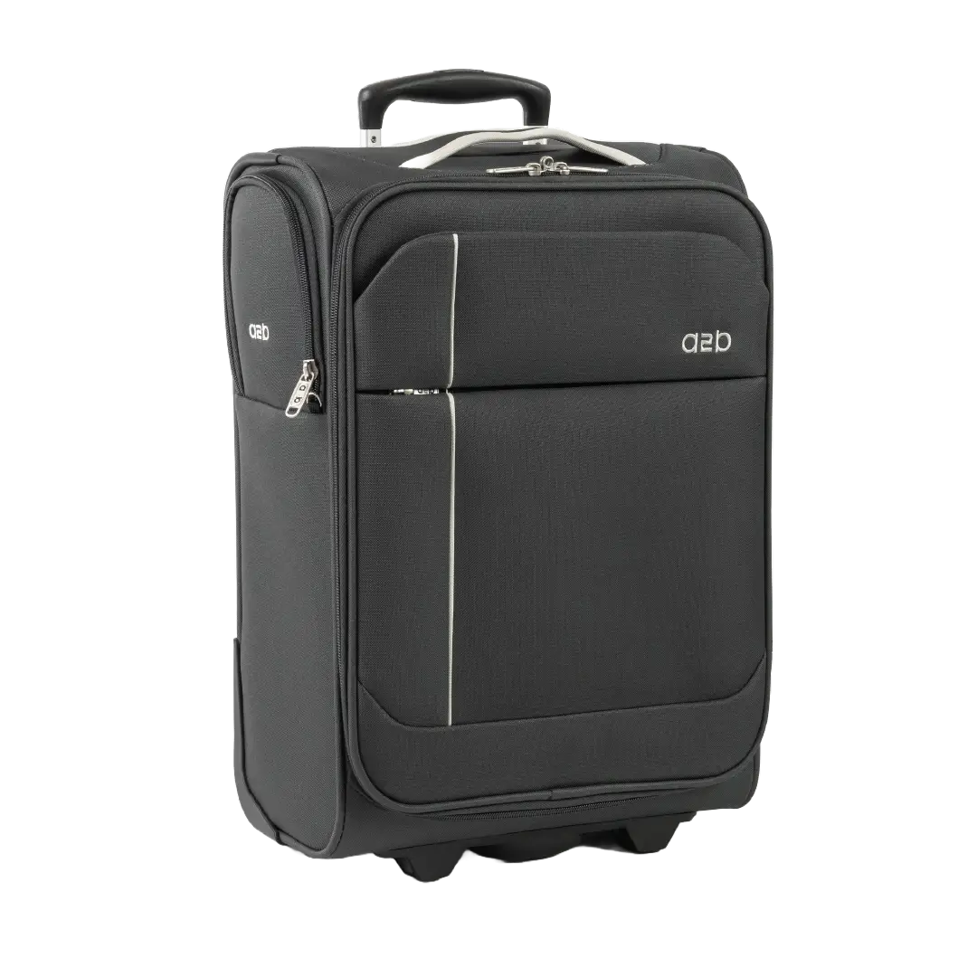 Black suitcase with a visible brand logo on a white background