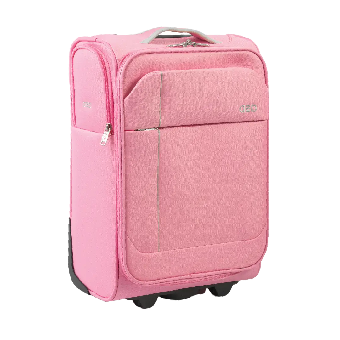 Pink suitcase with wheels on a white background