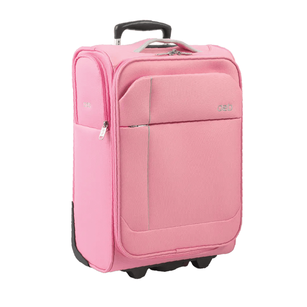 Pink suitcase with a handle on a white background