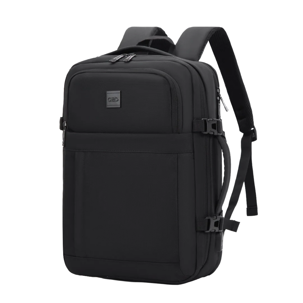 Black backpack with a visible brand logo on a white background