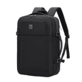 Black backpack with a visible brand logo on a white background