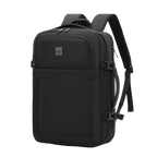 Black backpack with a visible brand logo on a white background