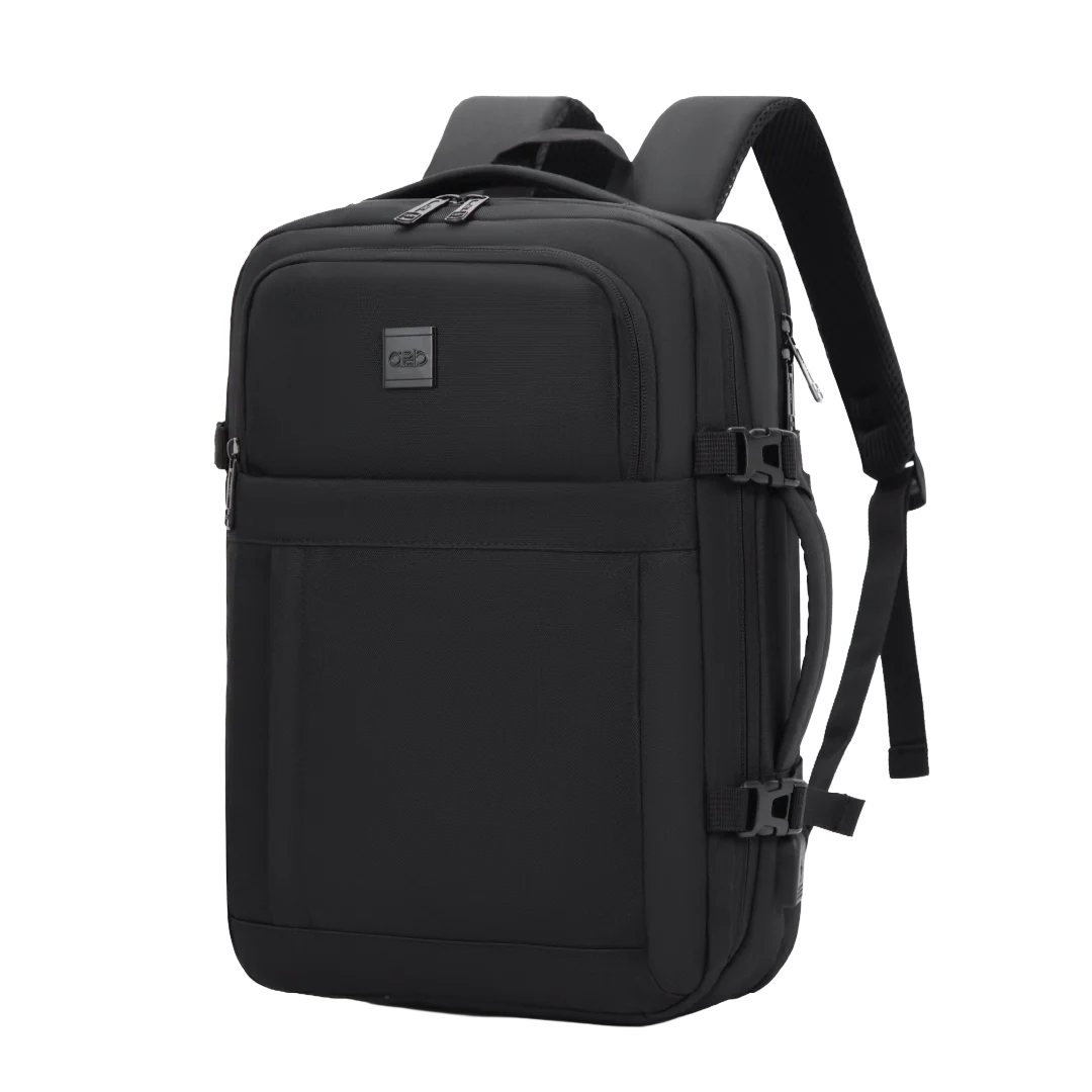 Black backpack with a visible brand logo on a white background