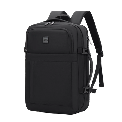 Black backpack with a visible brand logo on a white background
