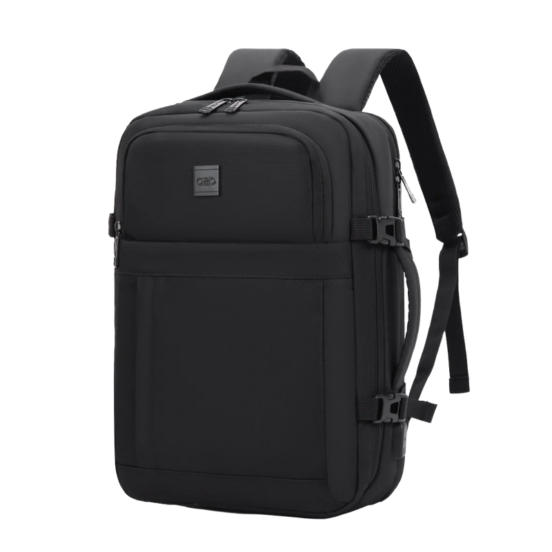 Black backpack with a visible brand logo on a white background
