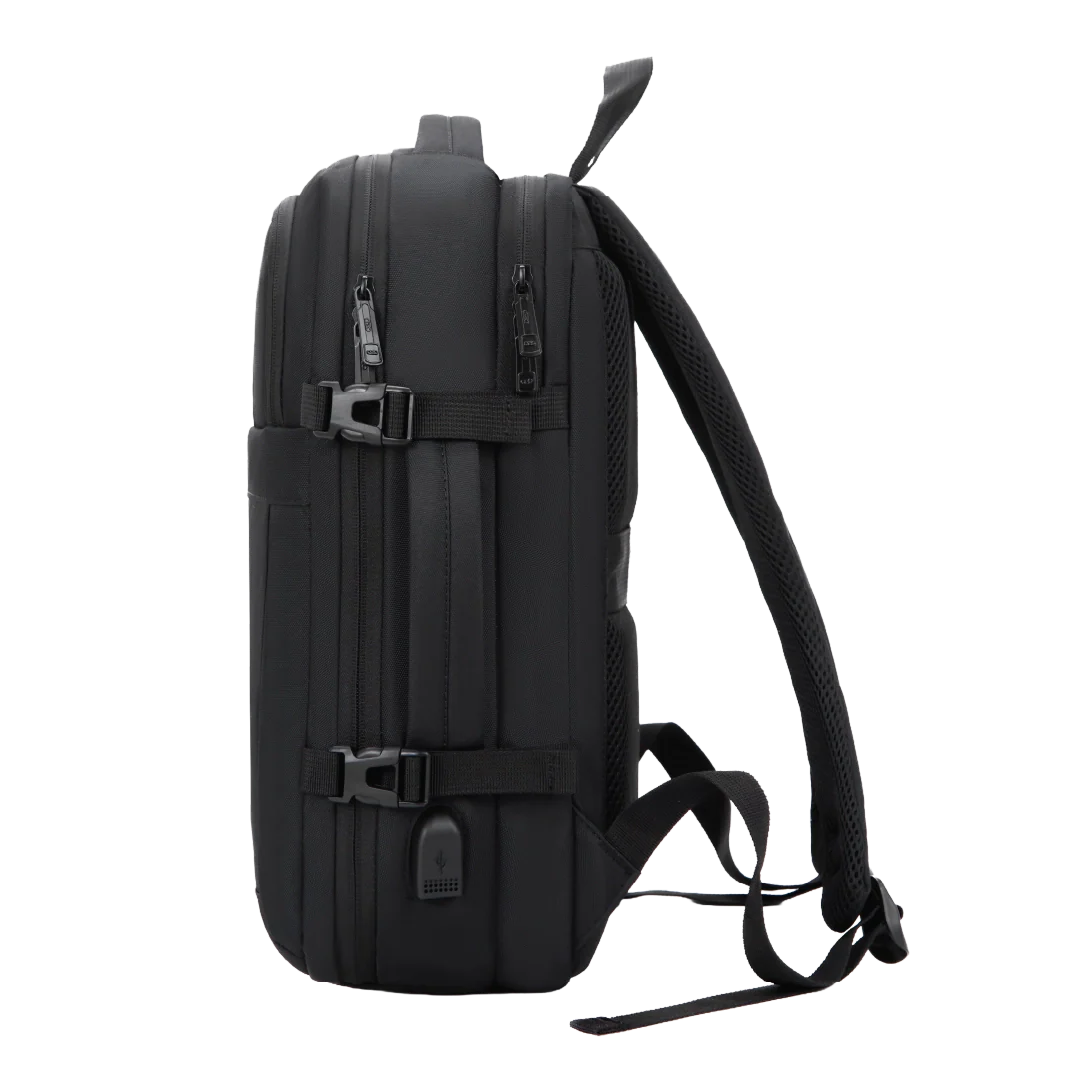Black backpack on a white background