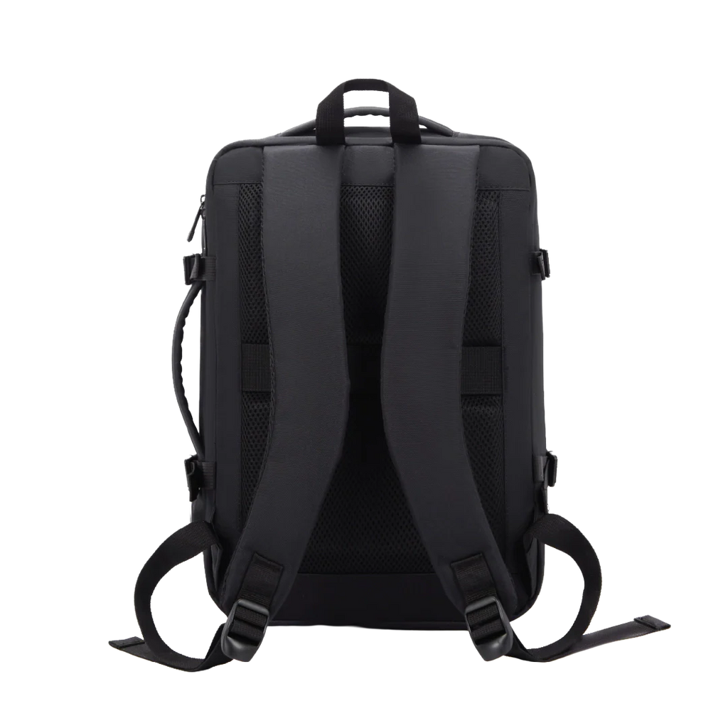 Black backpack shown from the back on a white background