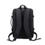 Black backpack shown from the back on a white background