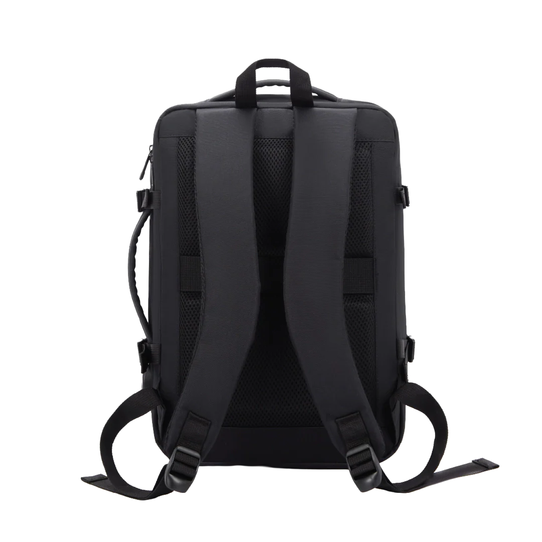 Black backpack shown from the back on a white background