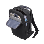 Black backpack with compartments on a white background