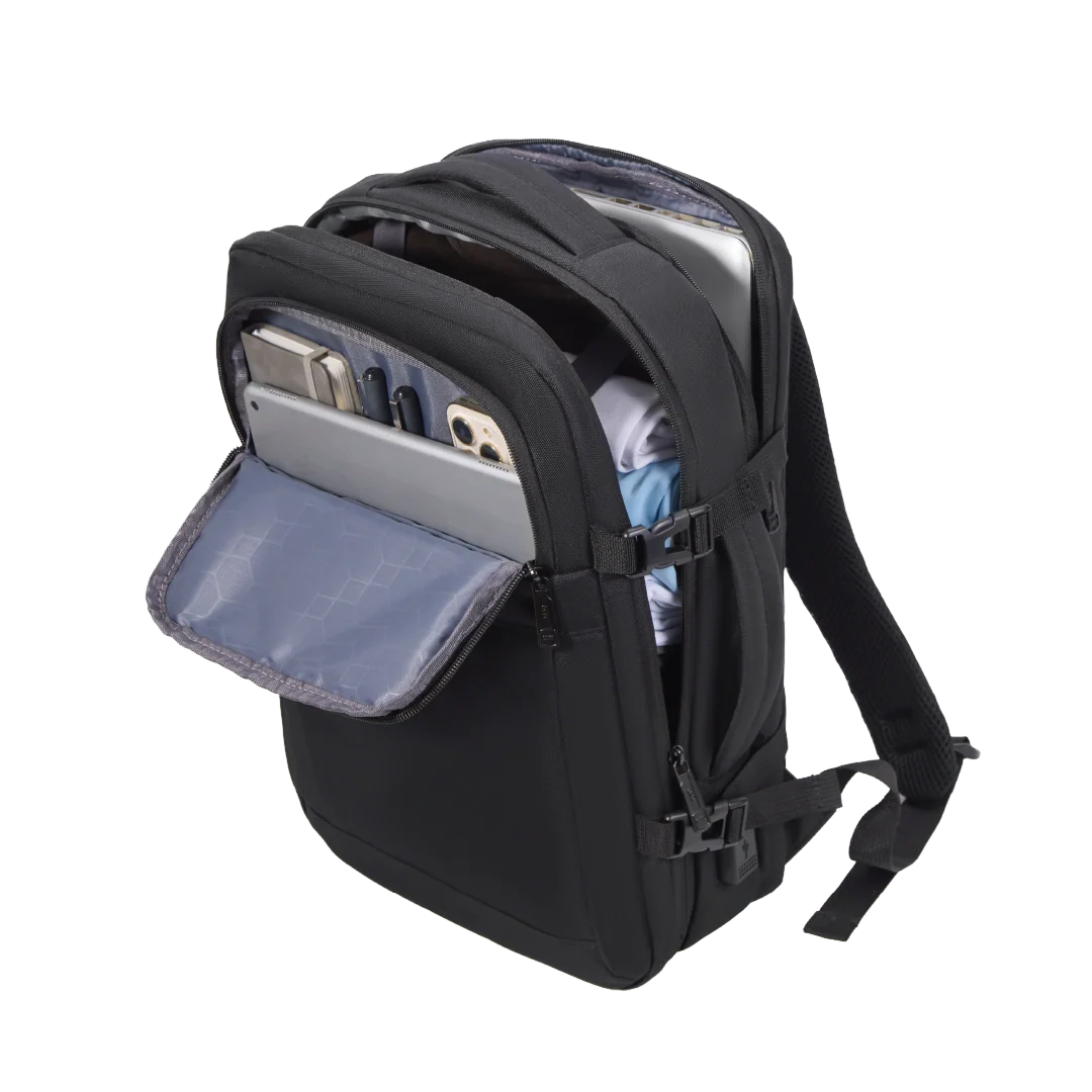 Black backpack with compartments on a white background