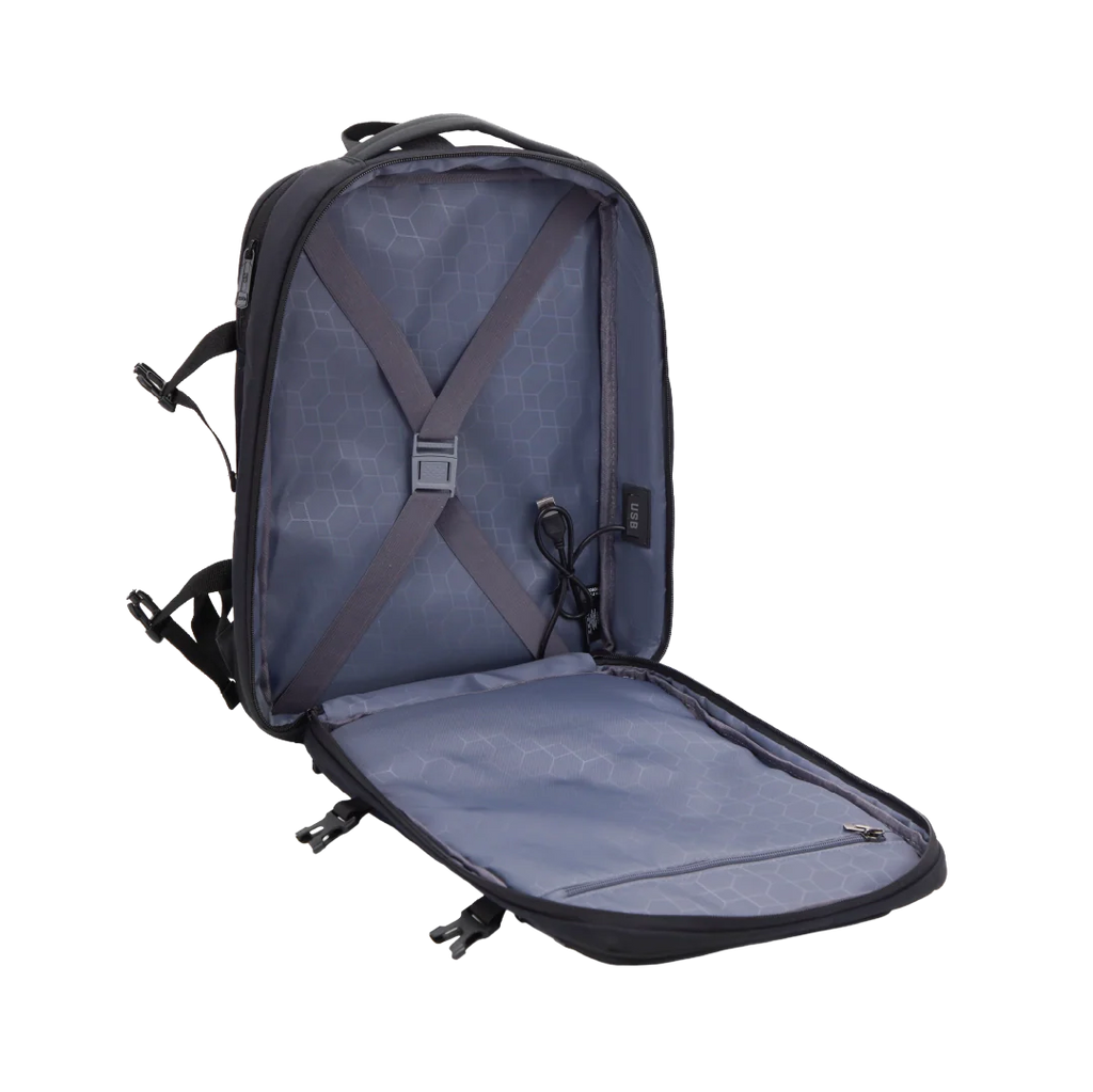 Backpack with open compartment on a white background