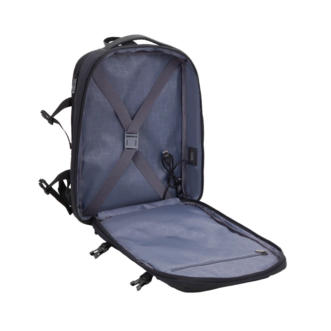 Backpack with open compartment on a white background