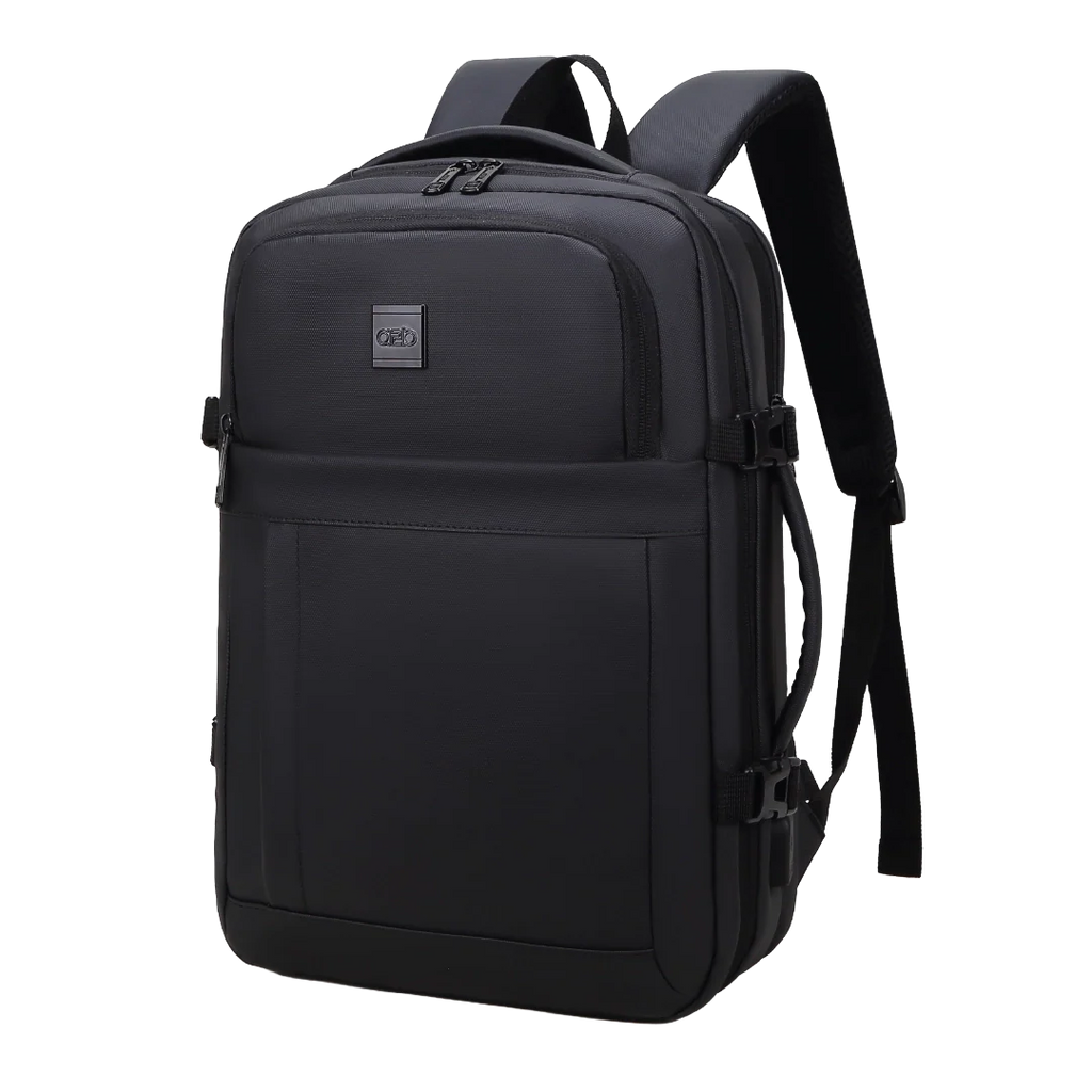 Black backpack with a visible brand logo on a white background