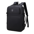 Black backpack with a visible brand logo on a white background