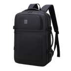Black backpack with a visible brand logo on a white background