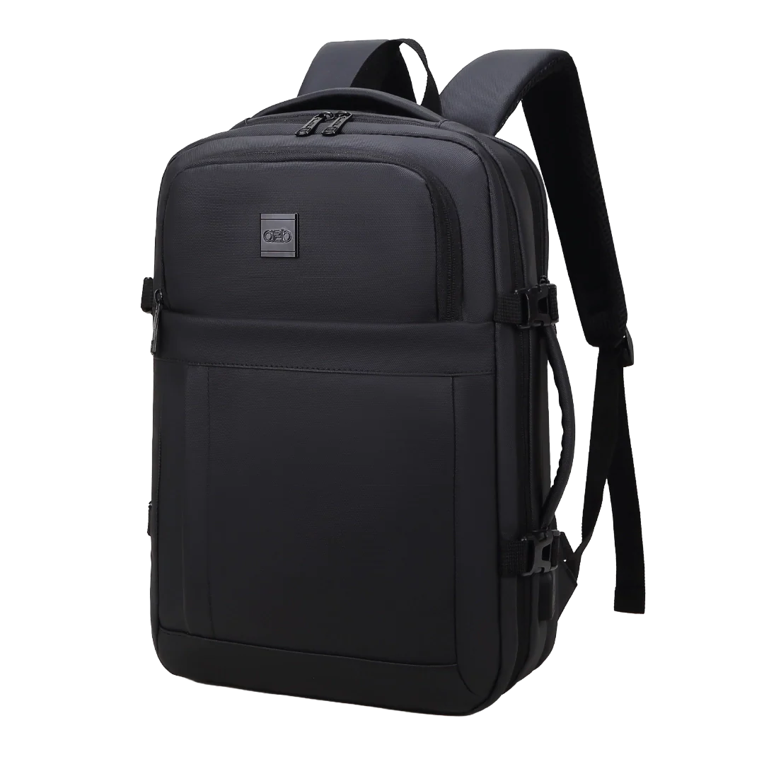 Black backpack with a visible brand logo on a white background