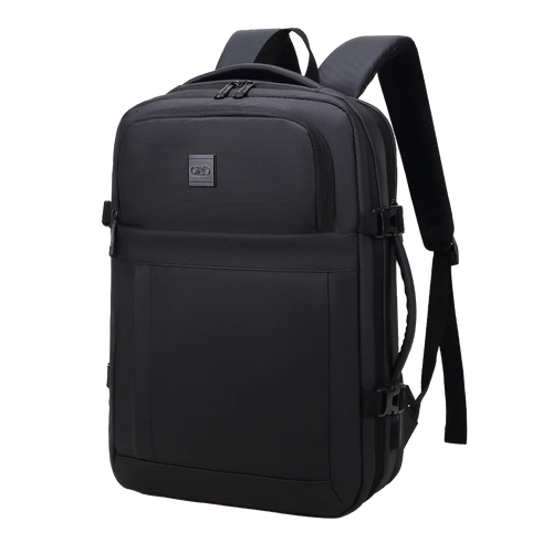 Black backpack with a visible brand logo on a white background