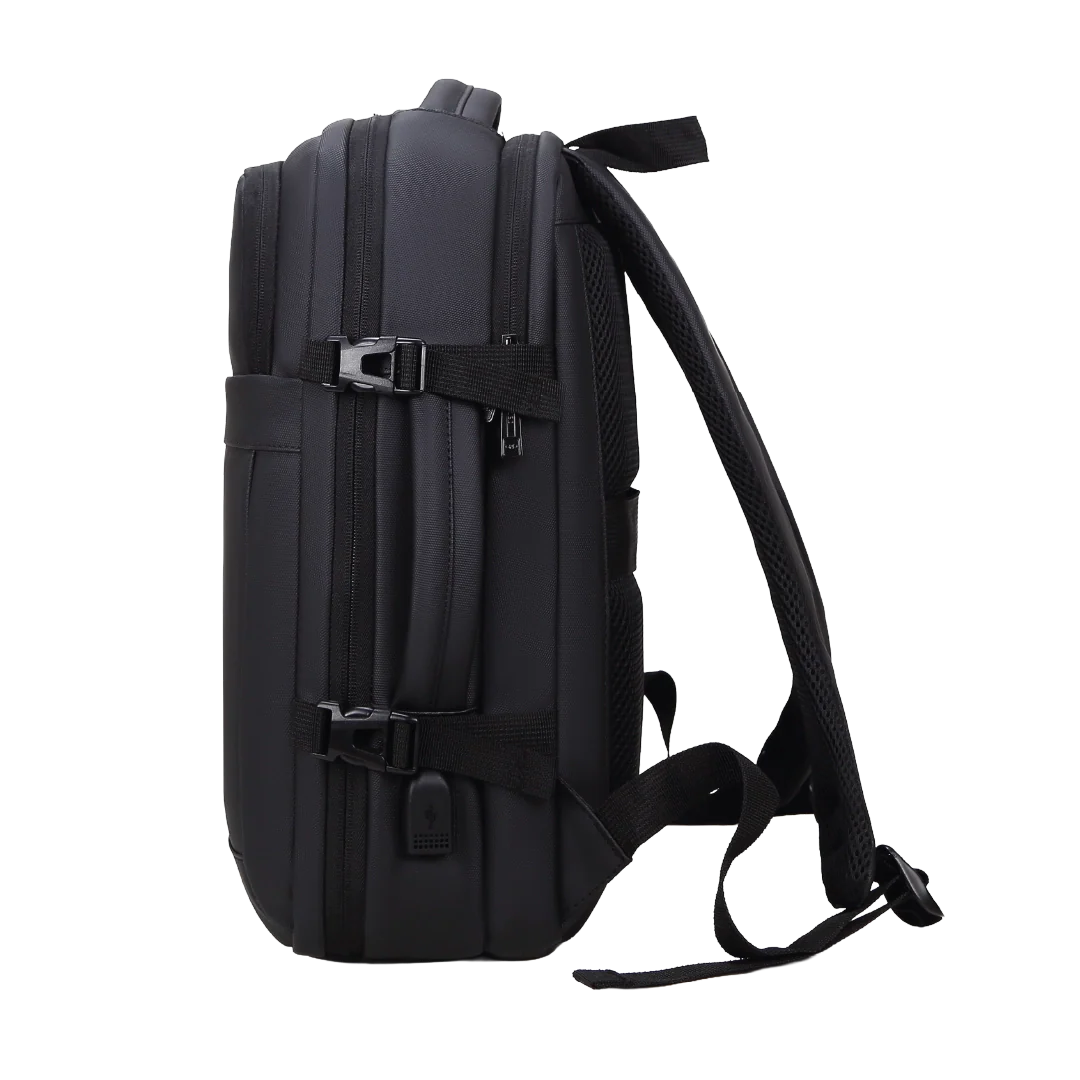Black backpack on a white background