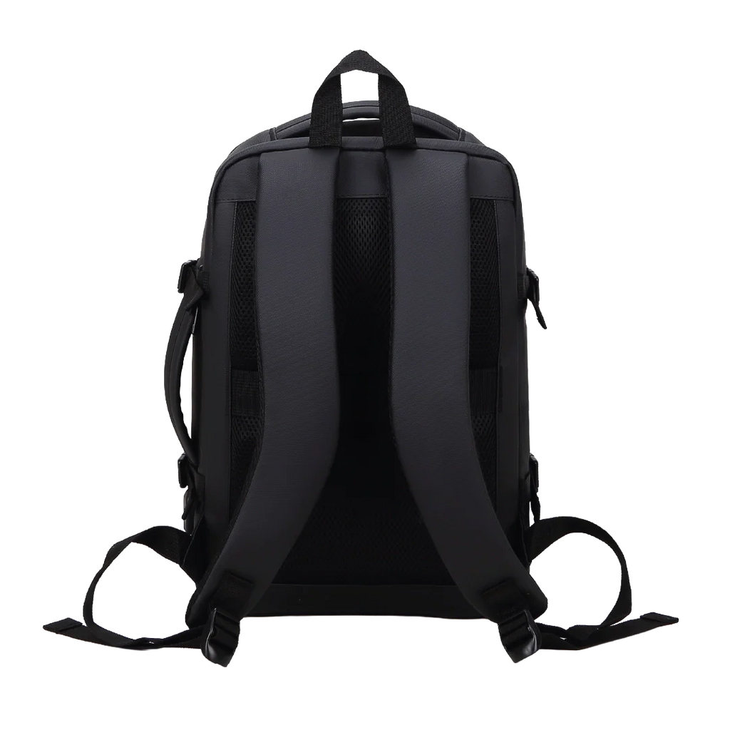 Black backpack shown from the back on a white background