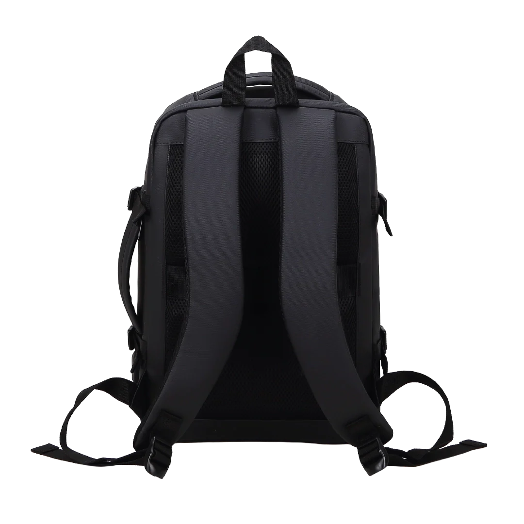 Black backpack shown from the back on a white background