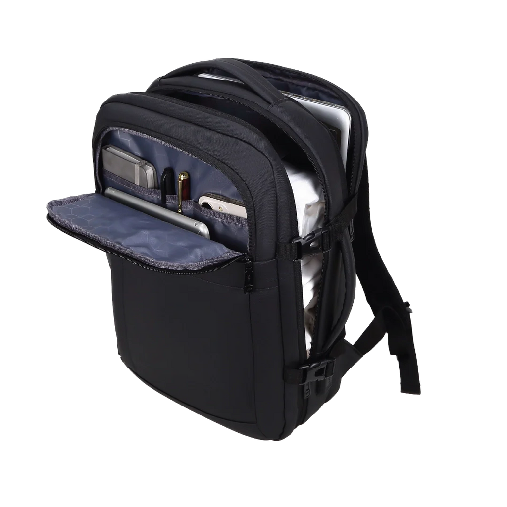 Black backpack with open front compartment on a white background