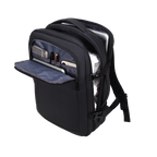 Black backpack with open front compartment on a white background