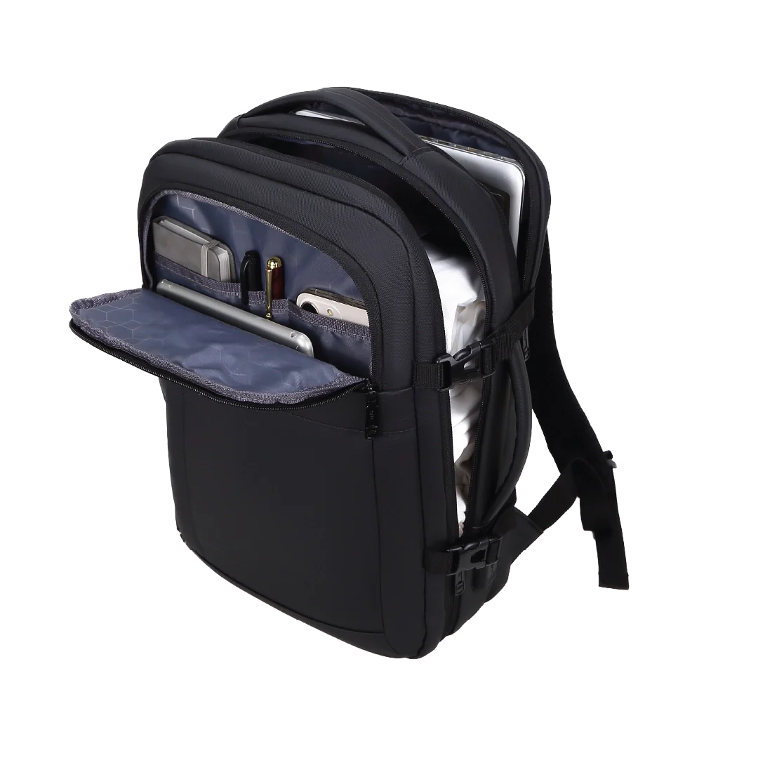 Black backpack with open front compartment on a white background