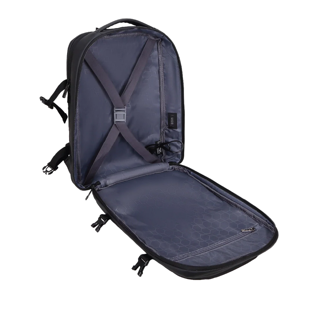 Open navy blue backpack on a white background