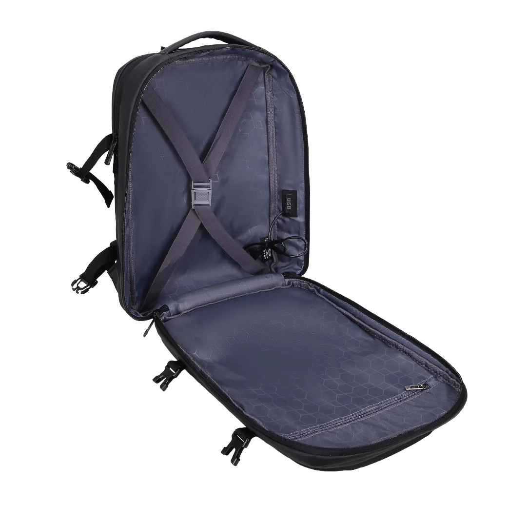 Open navy blue backpack on a white background