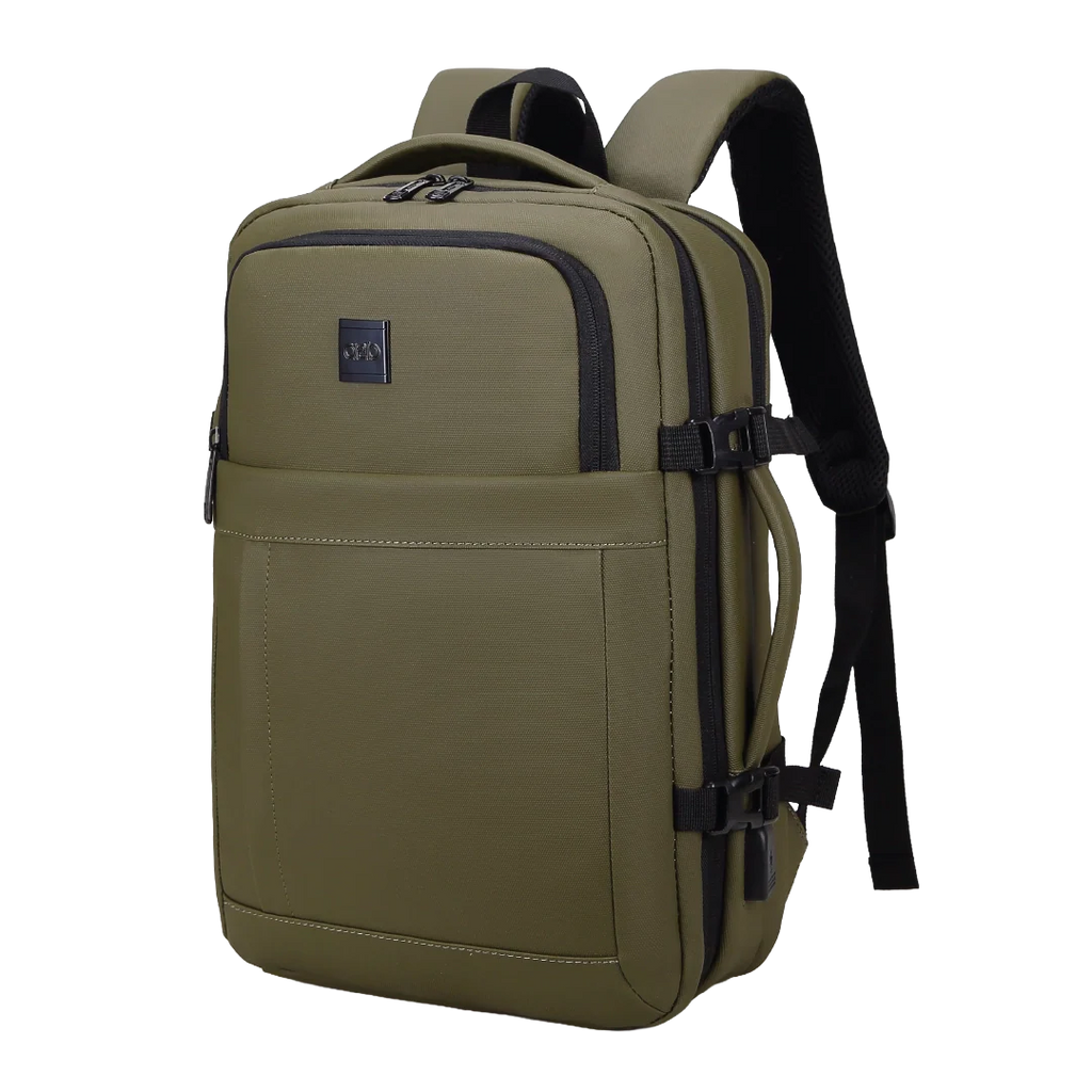 Green backpack with black straps on a white background
