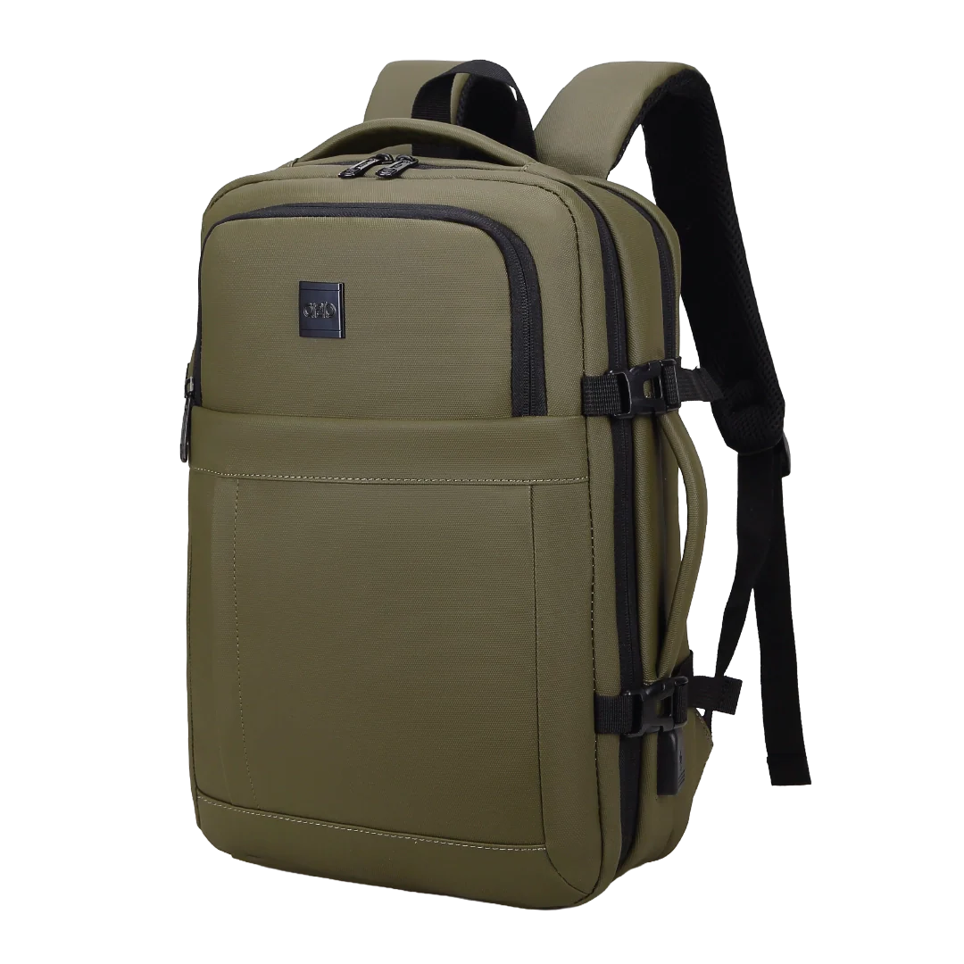 Green backpack with black straps on a white background