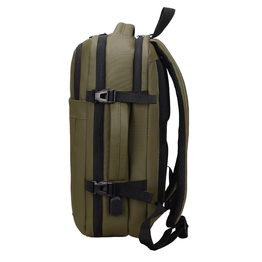 Green backpack with black straps on a white background
