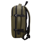 Green backpack with black straps on a white background