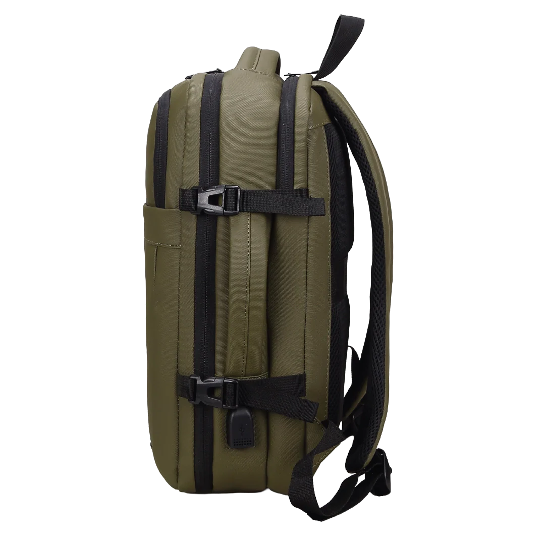 Green backpack with black straps on a white background