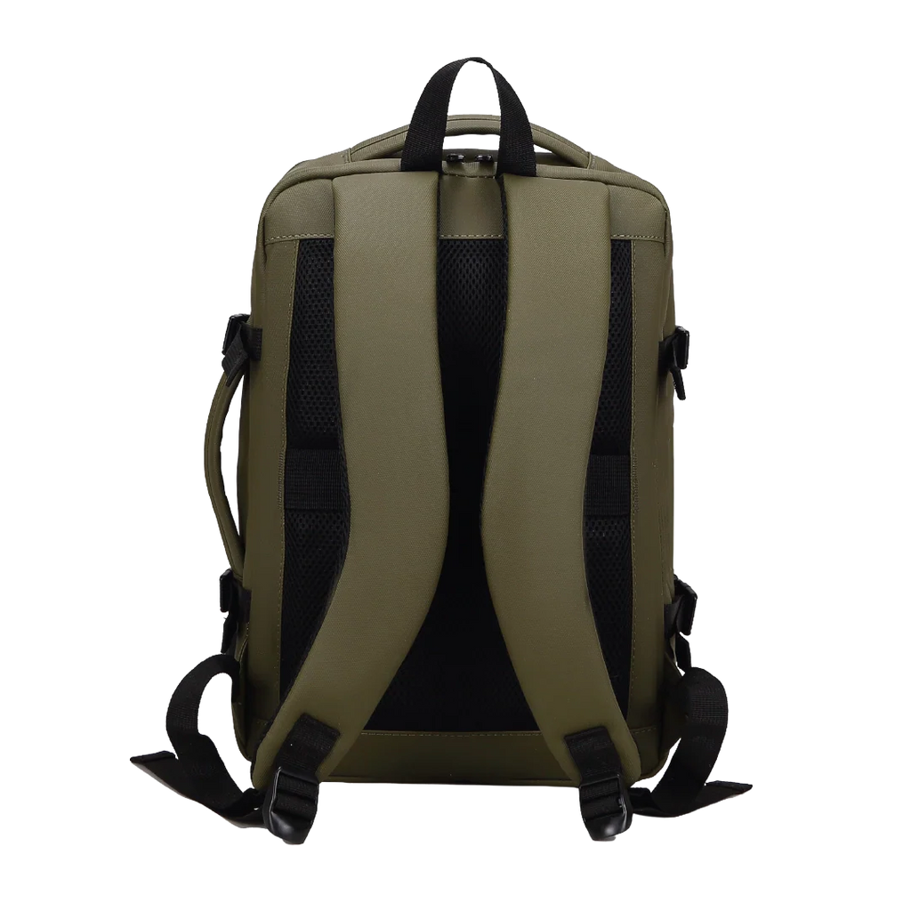 Green backpack with black straps on a white background