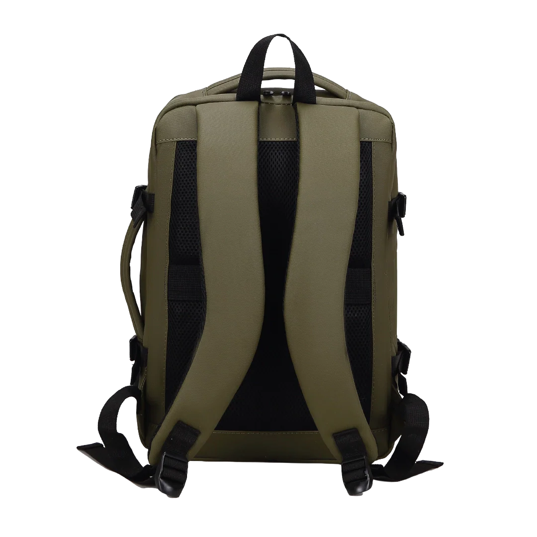 Green backpack with black straps on a white background