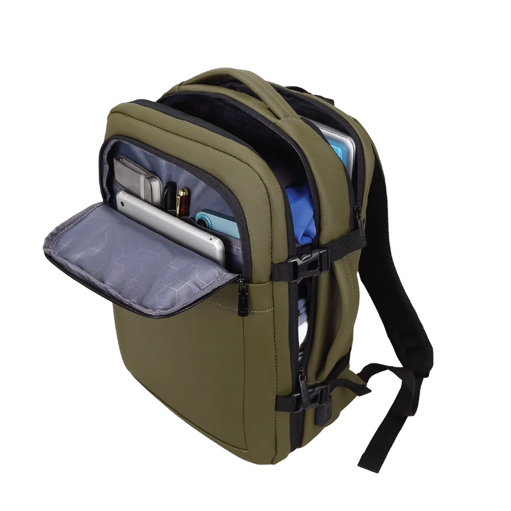 Green backpack with open compartment showing electronic devices on a white background