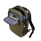 Green backpack with open compartment showing electronic devices on a white background