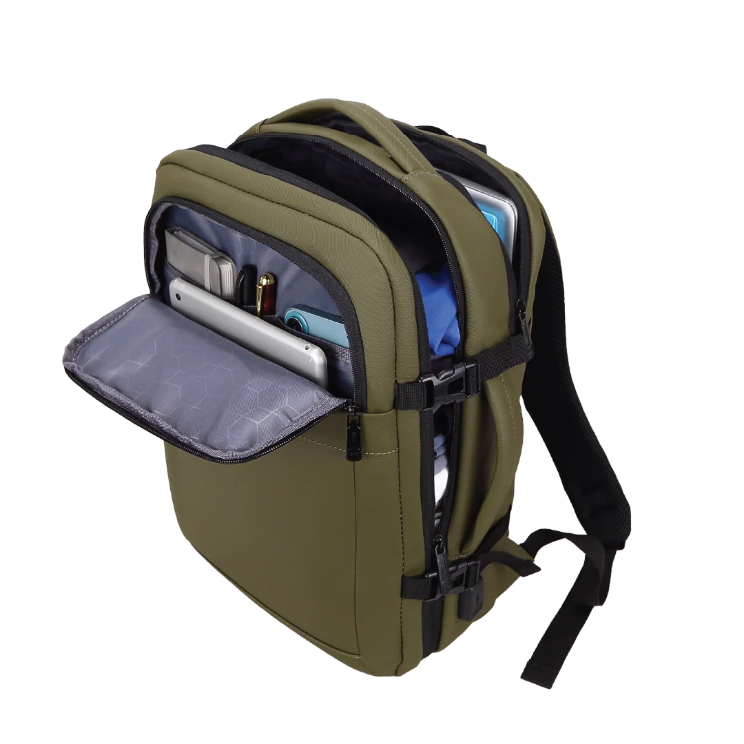 Green backpack with open compartment showing electronic devices on a white background