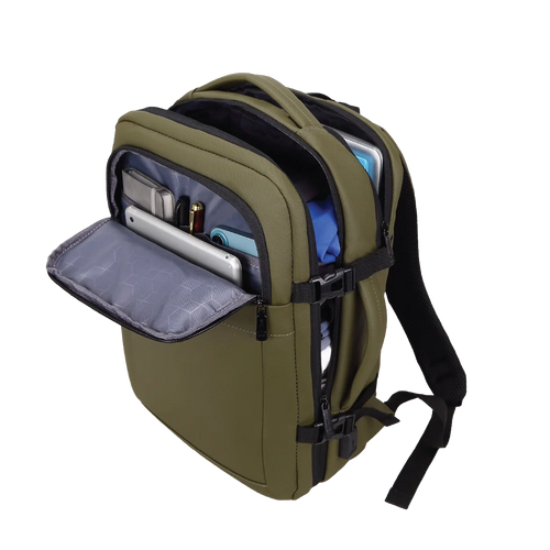 Green backpack with open compartment showing electronic devices on a white background