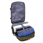 Open backpack with folded-up clothes inside on a white background