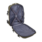 Open backpack with green exterior and gray interior on a white background