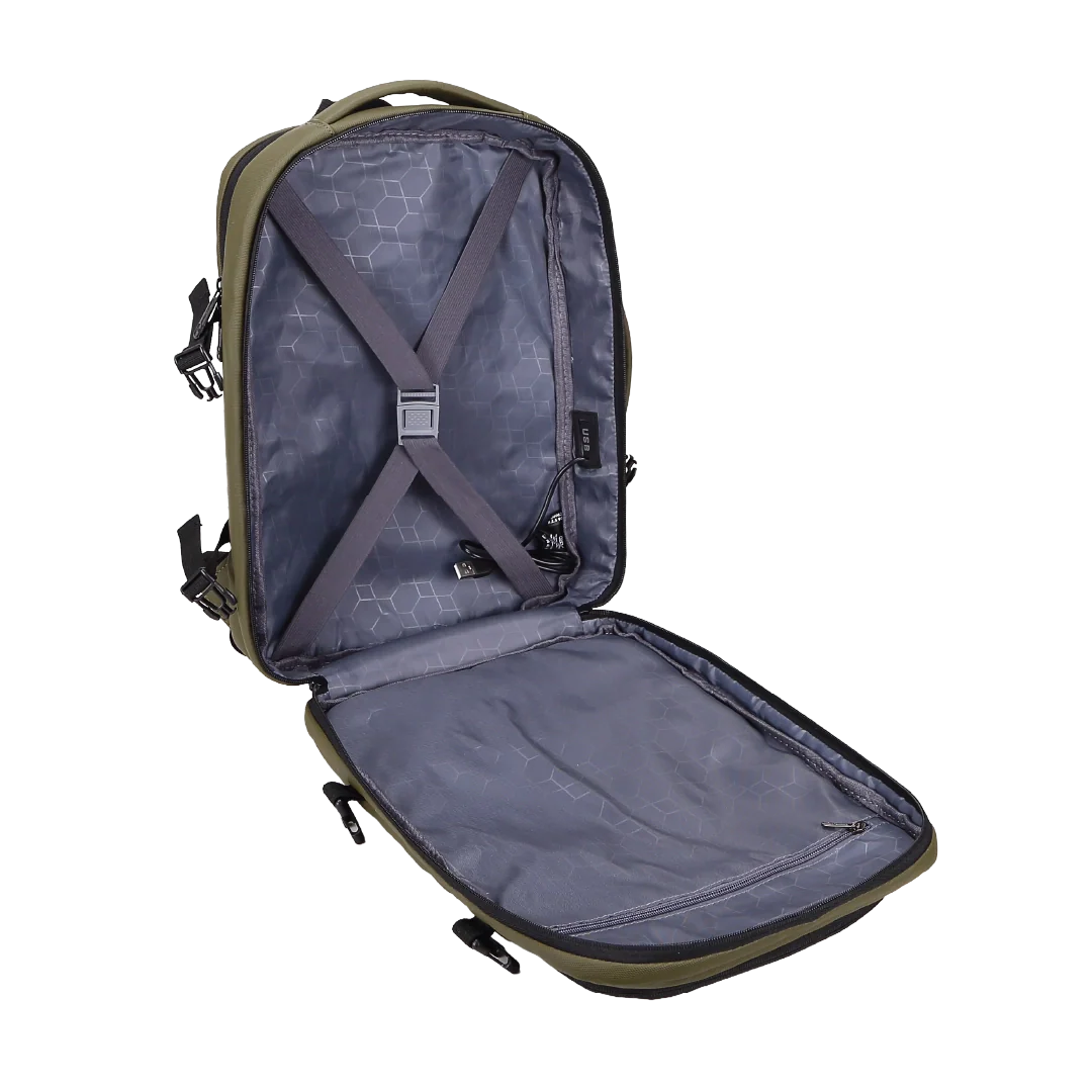 Open backpack with green exterior and gray interior on a white background