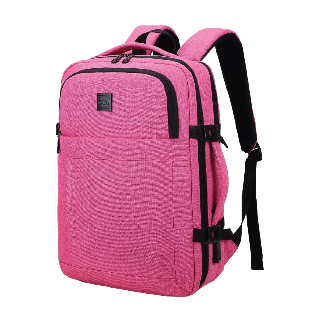 Pink backpack with black straps on a white background